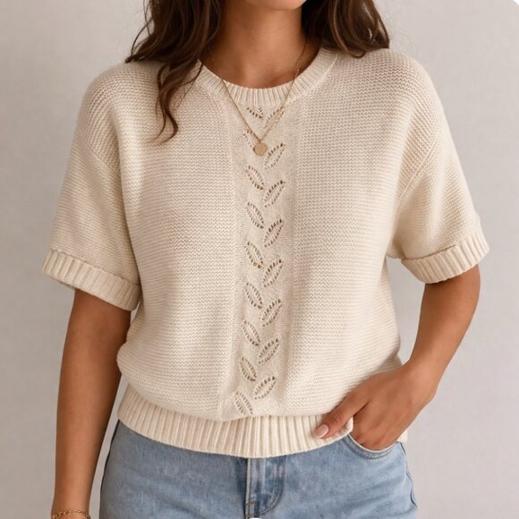 Rare handmade vintage quiet luxury knit short sleeve ivory sweater - Picture 2 of 16